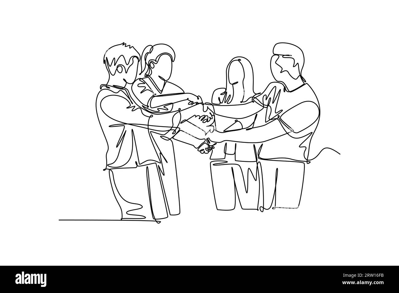Una linea continua che richiama giovani gruppi aziendali che tengono la mano insieme come un grande team. Concetto di lavoro di squadra aziendale. Impiegato uomo e donna di successo. Si Foto Stock