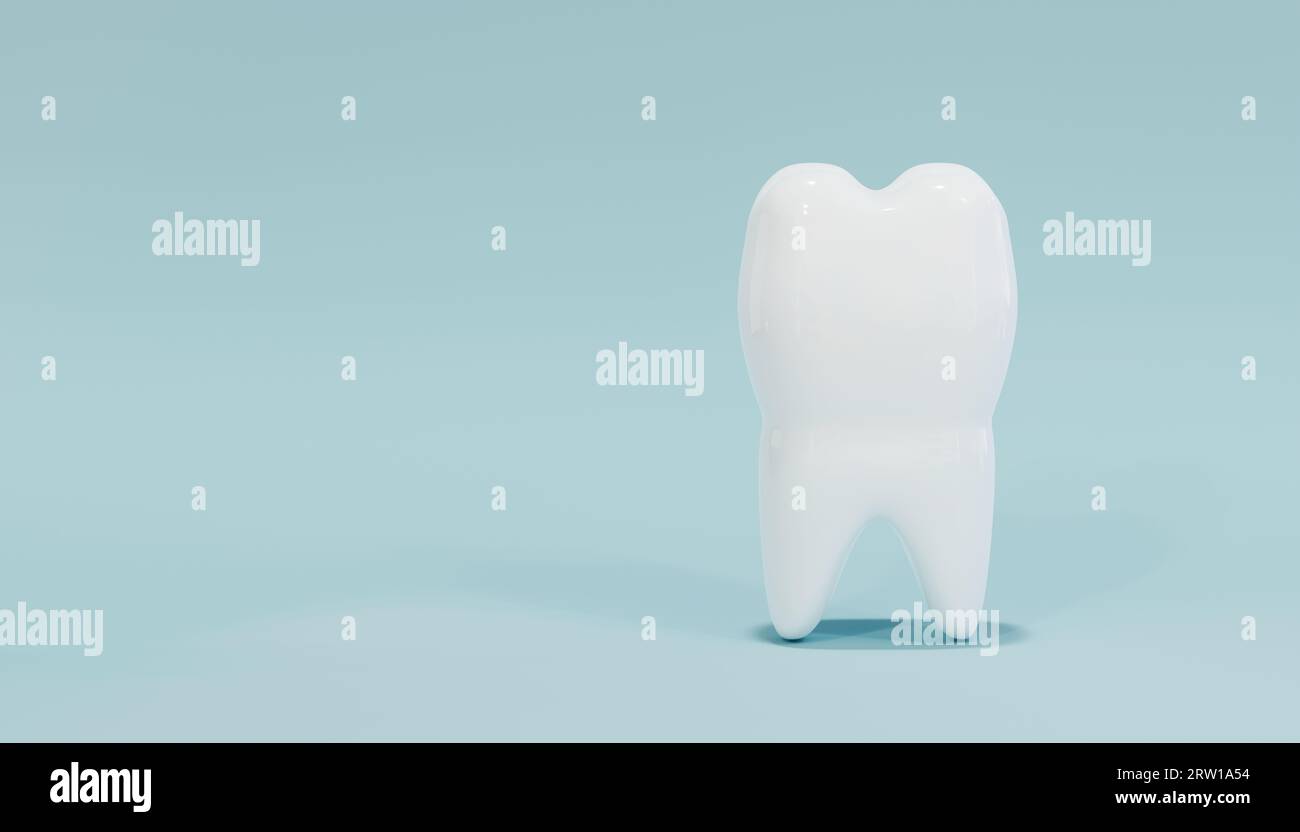 Un dente bianco su sfondo azzurro.illustrazione tridimensionale Foto Stock