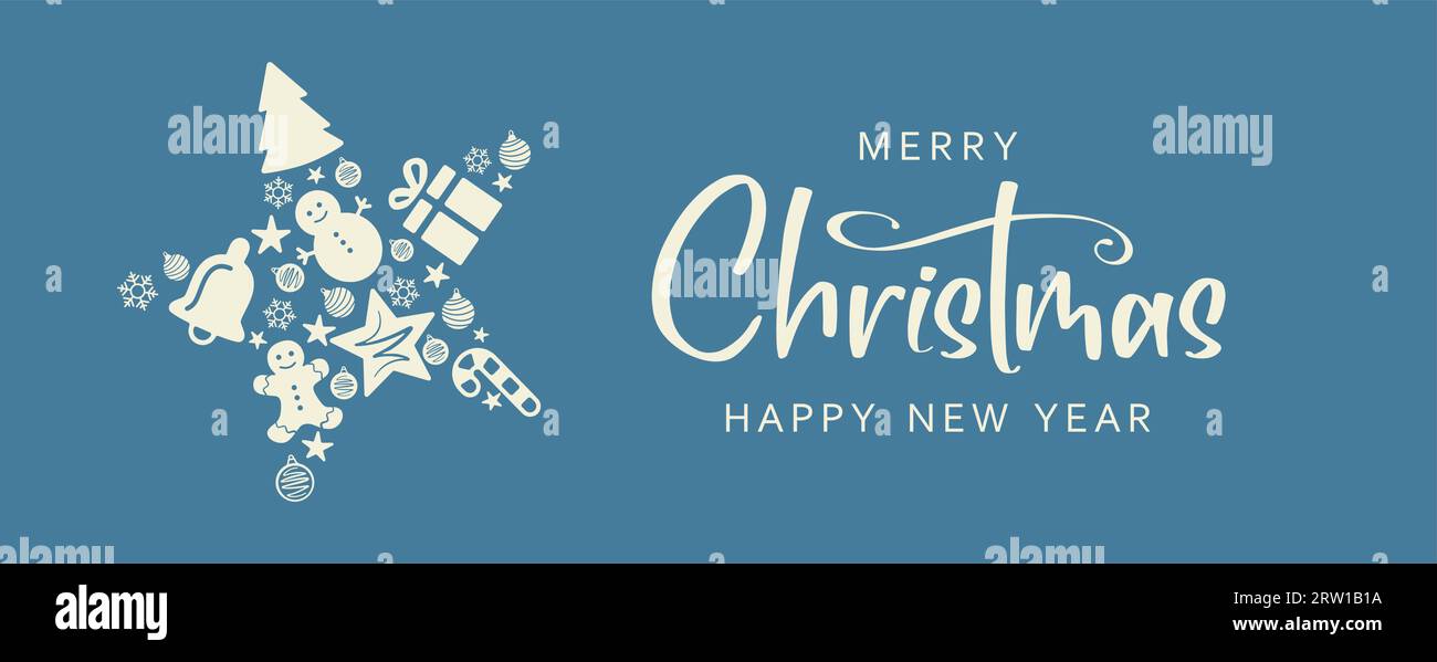 Buon Natale e felice anno nuovo lettering e star. Banner natalizio Illustrazione Vettoriale
