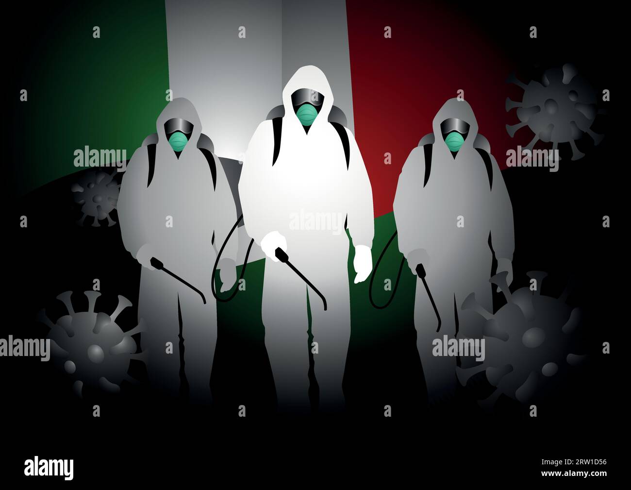 Uomini in abiti di nocciola che trasportano spray disinfettanti con bandiera o insegne Italia come sfondo. Concetto di lotta contro la pandemia di coronavirus Illustrazione Vettoriale