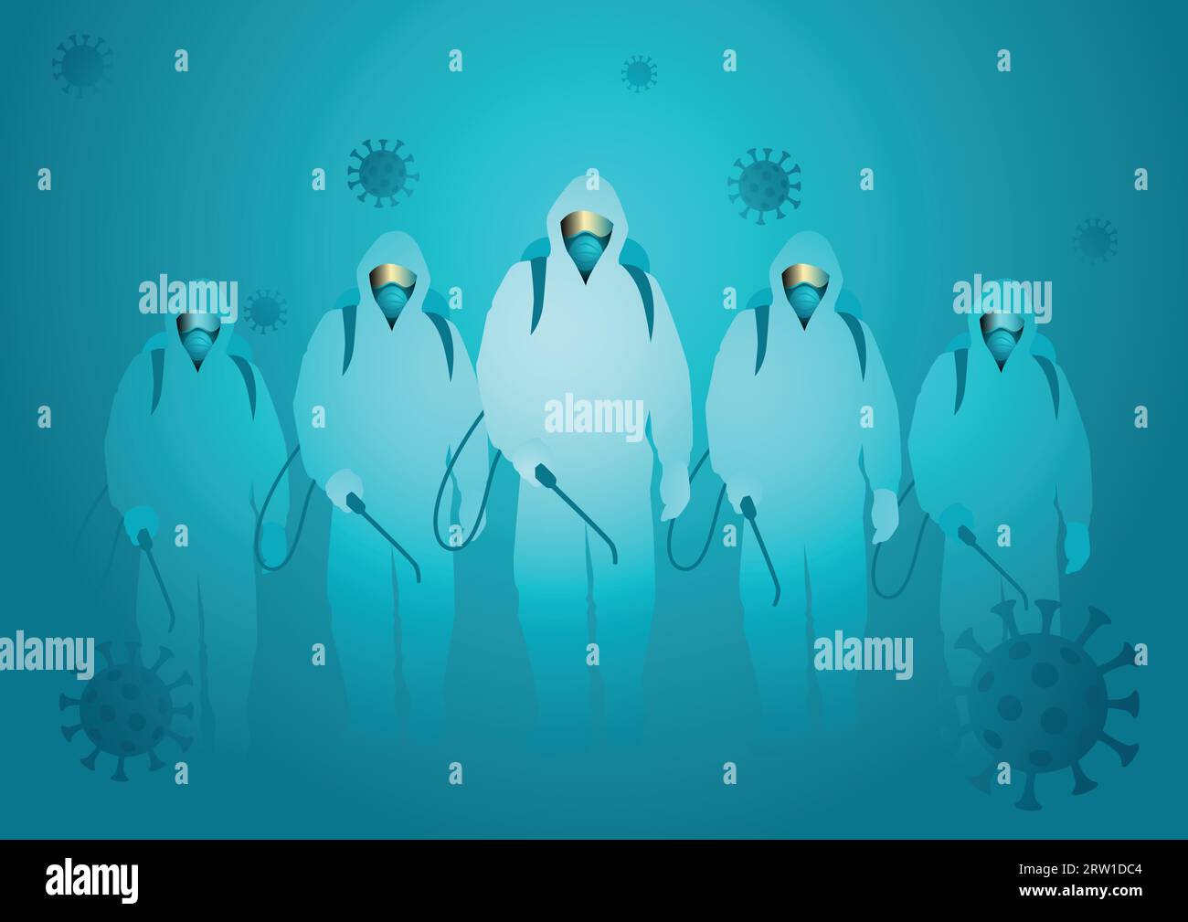 Illustrazione vettoriale di uomini in tuta di nocciola pronto a spruzzare disinfettante per la pulizia e disinfettare virus, Covid-19, Coronavirus, misura preventiva Illustrazione Vettoriale