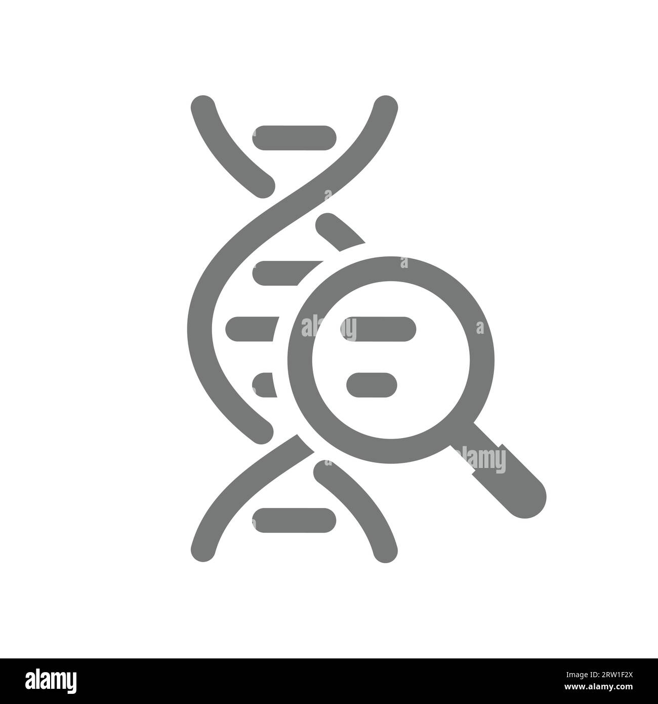 Sequenza DNA con icona vettore lente di ingrandimento. Simbolo della ricerca genetica, dell'ingegneria e della bioingegneria. Illustrazione Vettoriale