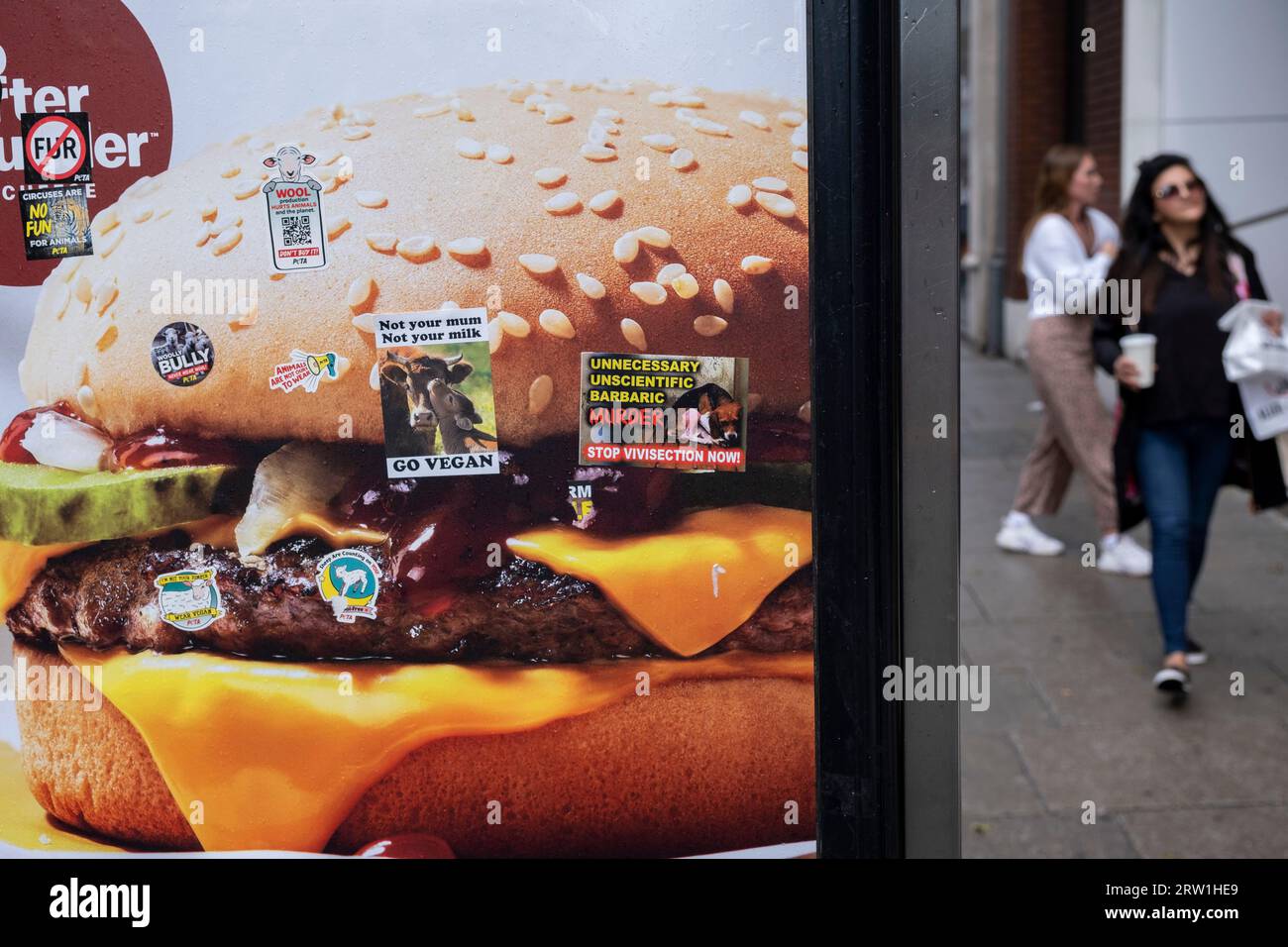 I diritti degli animali e gli adesivi di protesta pro-vegani sono stati collocati su un poster pubblicitario per un hamburger di manzo McDonalds il 14 agosto 2023 a Londra, Regno Unito. Foto Stock