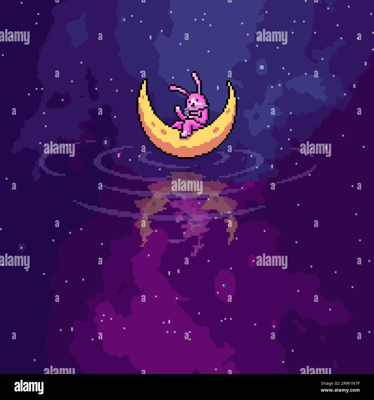 pixel art di coniglio sulla luna Illustrazione Vettoriale