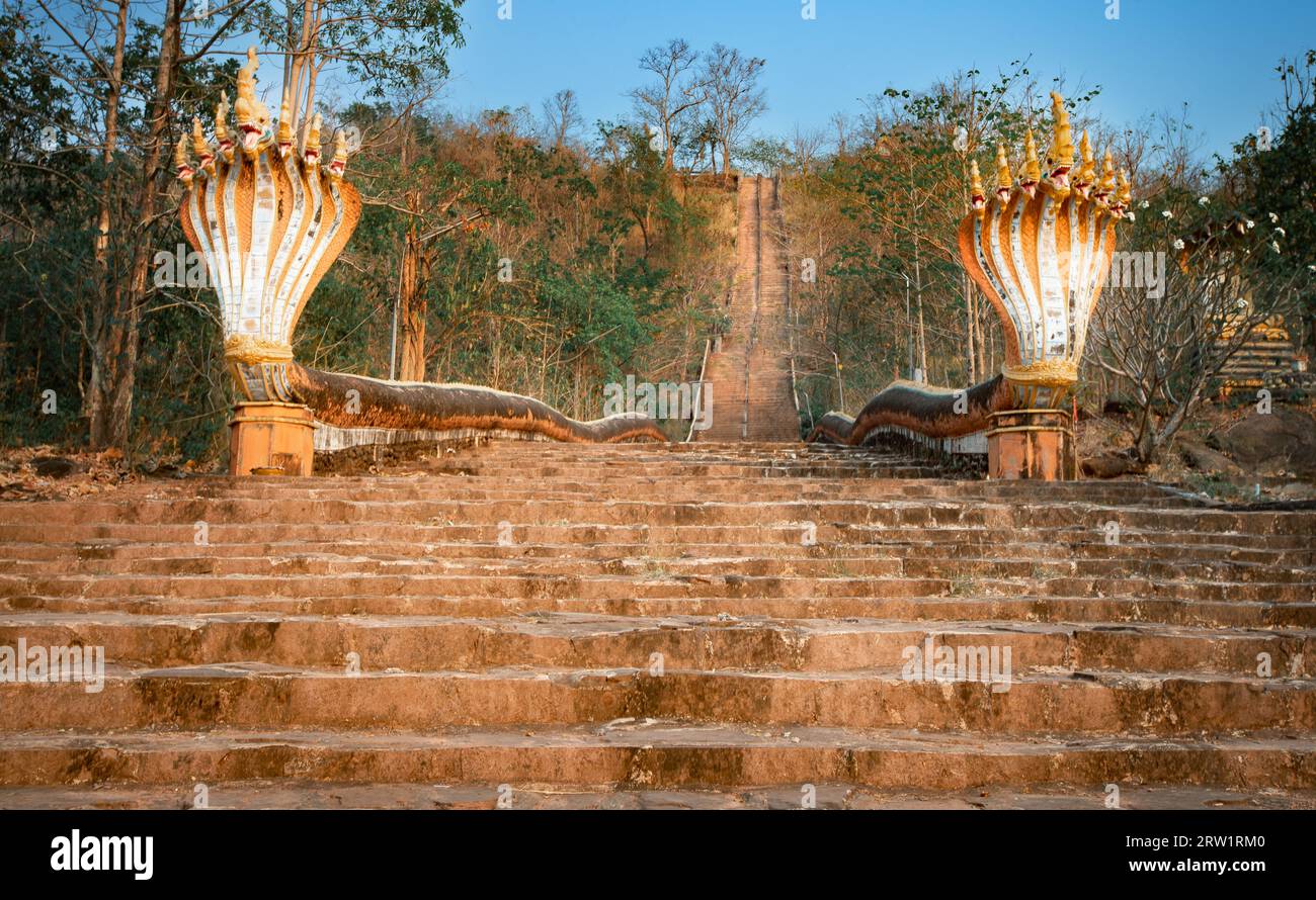 Le ringhiere delle scale che conducono all'ingresso del tempio sono modellate come il serpente Naga. Salita a Wat Phu Salao. Pakse, Laos Foto Stock