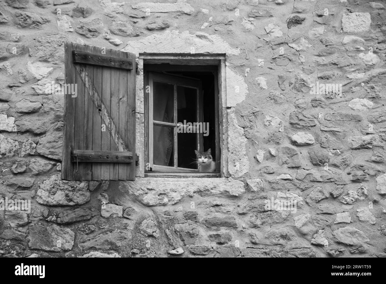 un gatto guarda fuori dalla finestra di una vecchia casa in pietra Foto Stock