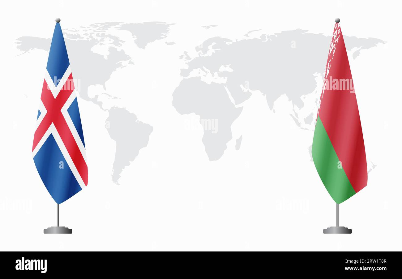 Bandiere islandesi e bielorusse per riunioni ufficiali sullo sfondo della mappa mondiale. Illustrazione Vettoriale