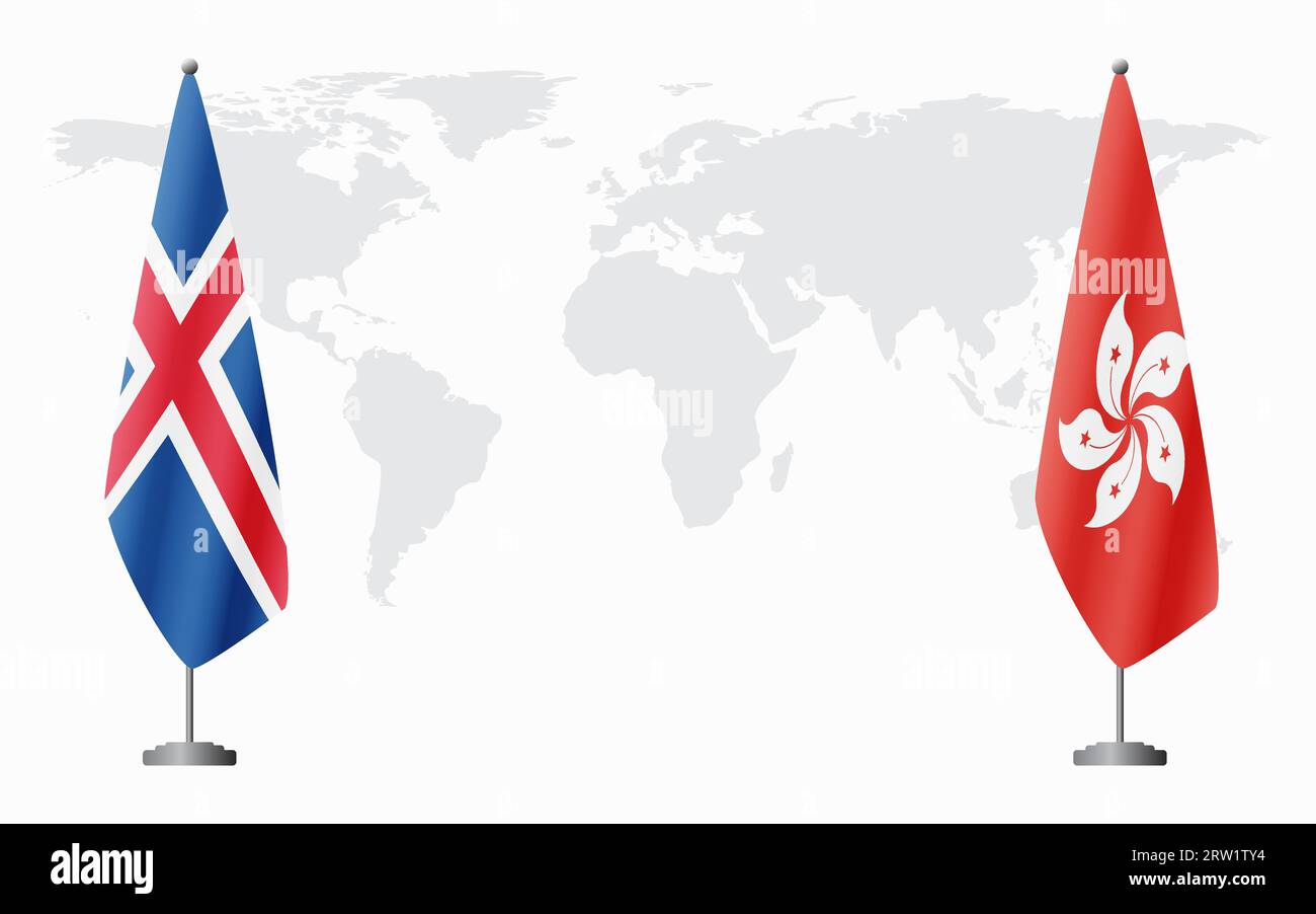 Islanda e Hong Kong bandiere per riunioni ufficiali sullo sfondo della mappa mondiale. Illustrazione Vettoriale