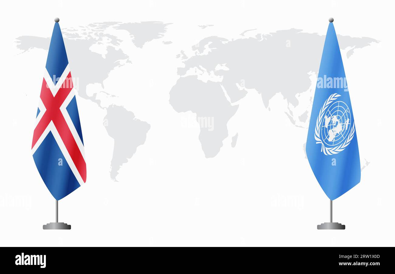 Islanda e bandiere delle Nazioni Unite per un incontro ufficiale sullo sfondo della mappa mondiale. Illustrazione Vettoriale