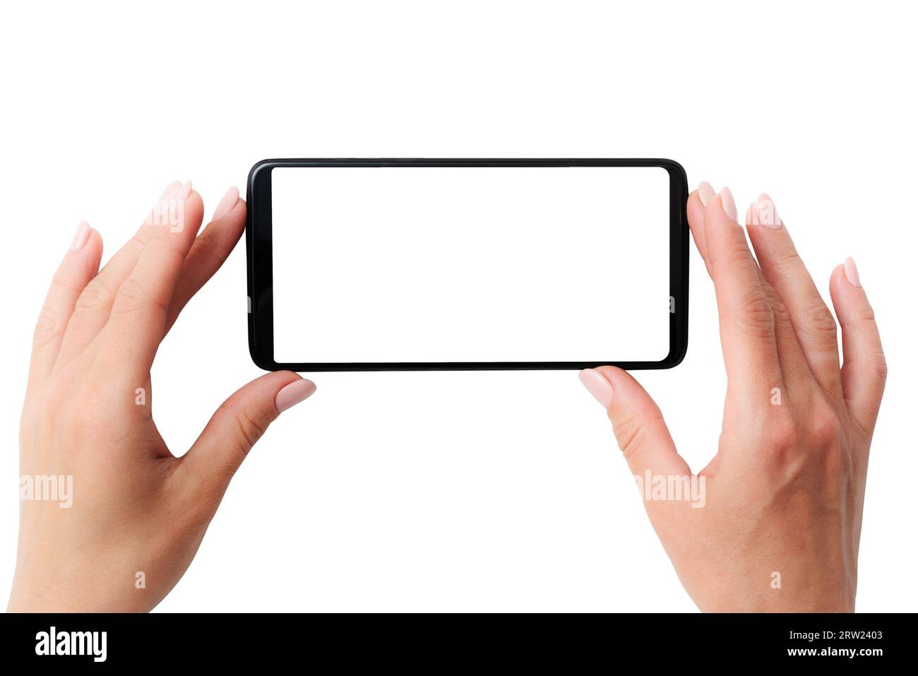 Smartphone nero moderno con schermo bianco isolato su sfondo bianco Foto Stock