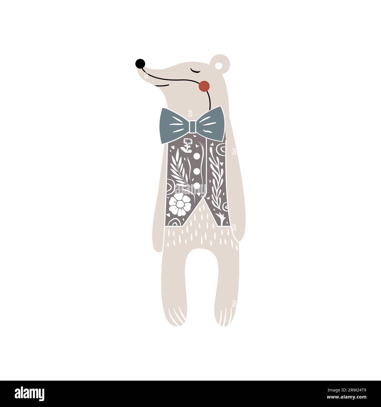 Tassi isolati su sfondo bianco con elementi floreali bianchi. Illustrazione degli animali del bosco. Stile Linocut. Illustrazione Vettoriale