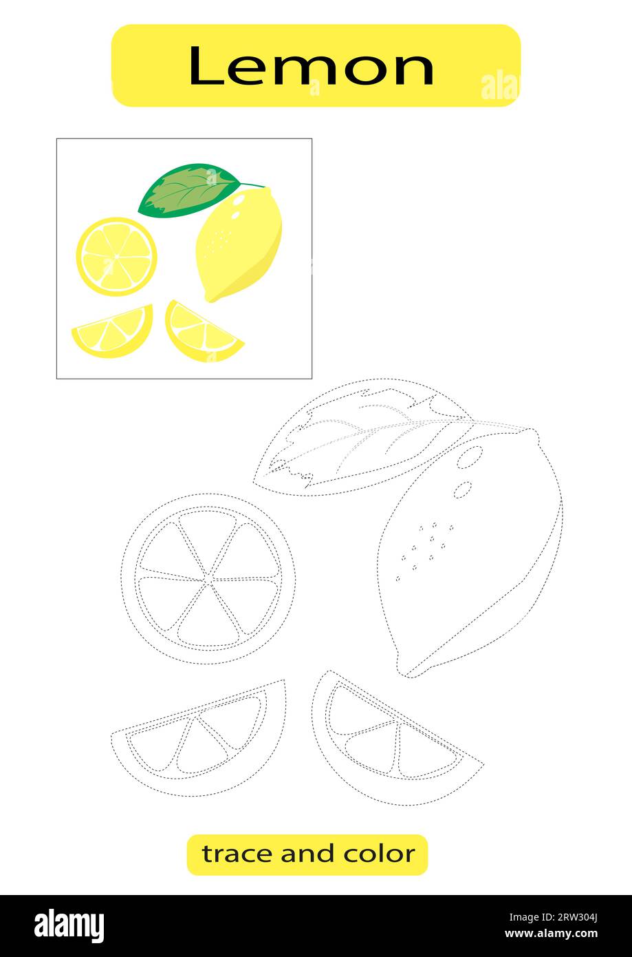 Limone, colore giallo della frutta, sviluppo dell'apprendimento dei bambini, vettore di tracciamento delle linee tratteggiate Illustrazione Vettoriale