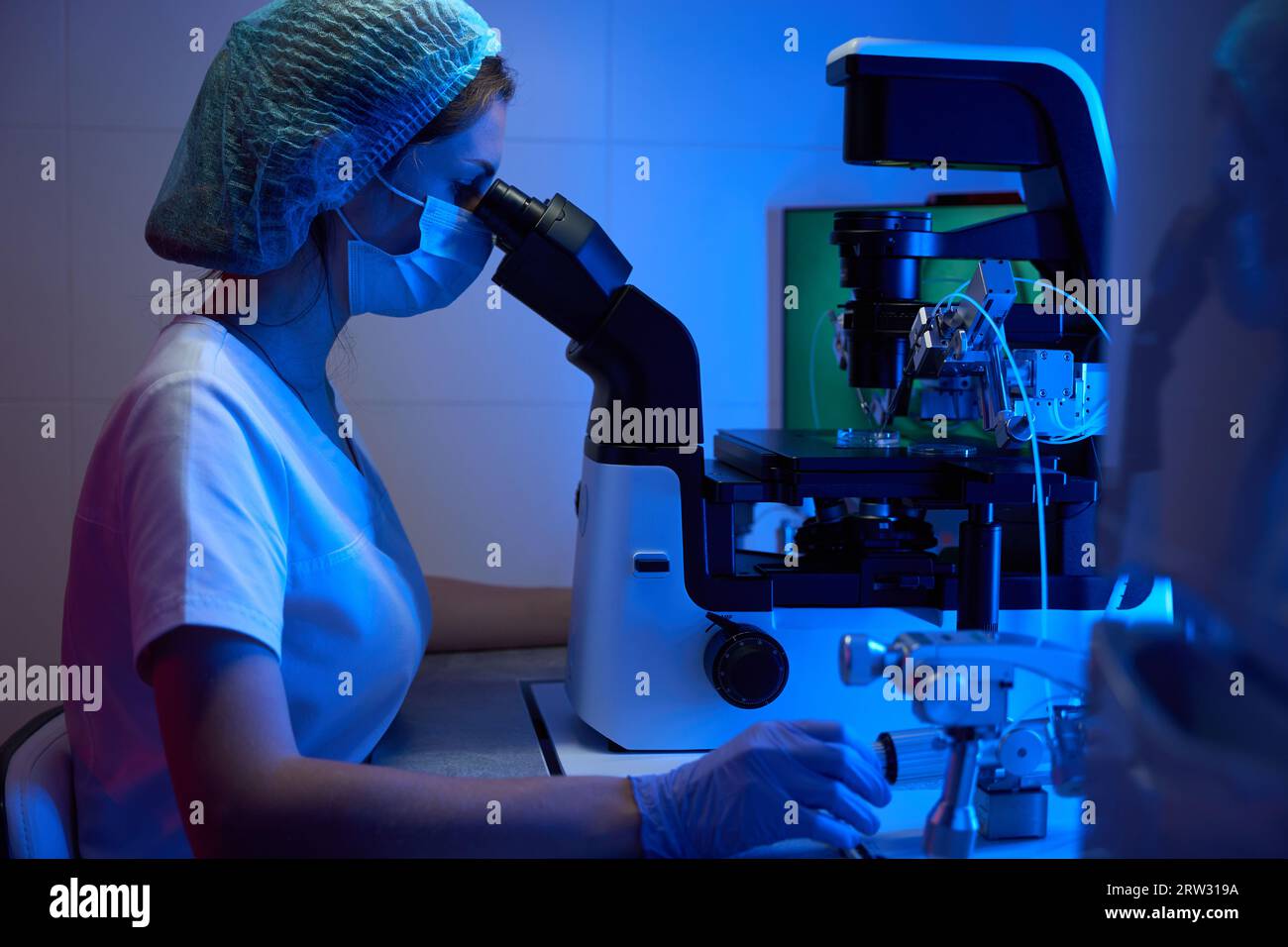 Embryologist con guanti protettivi e maschera funziona con biomateriale Foto Stock