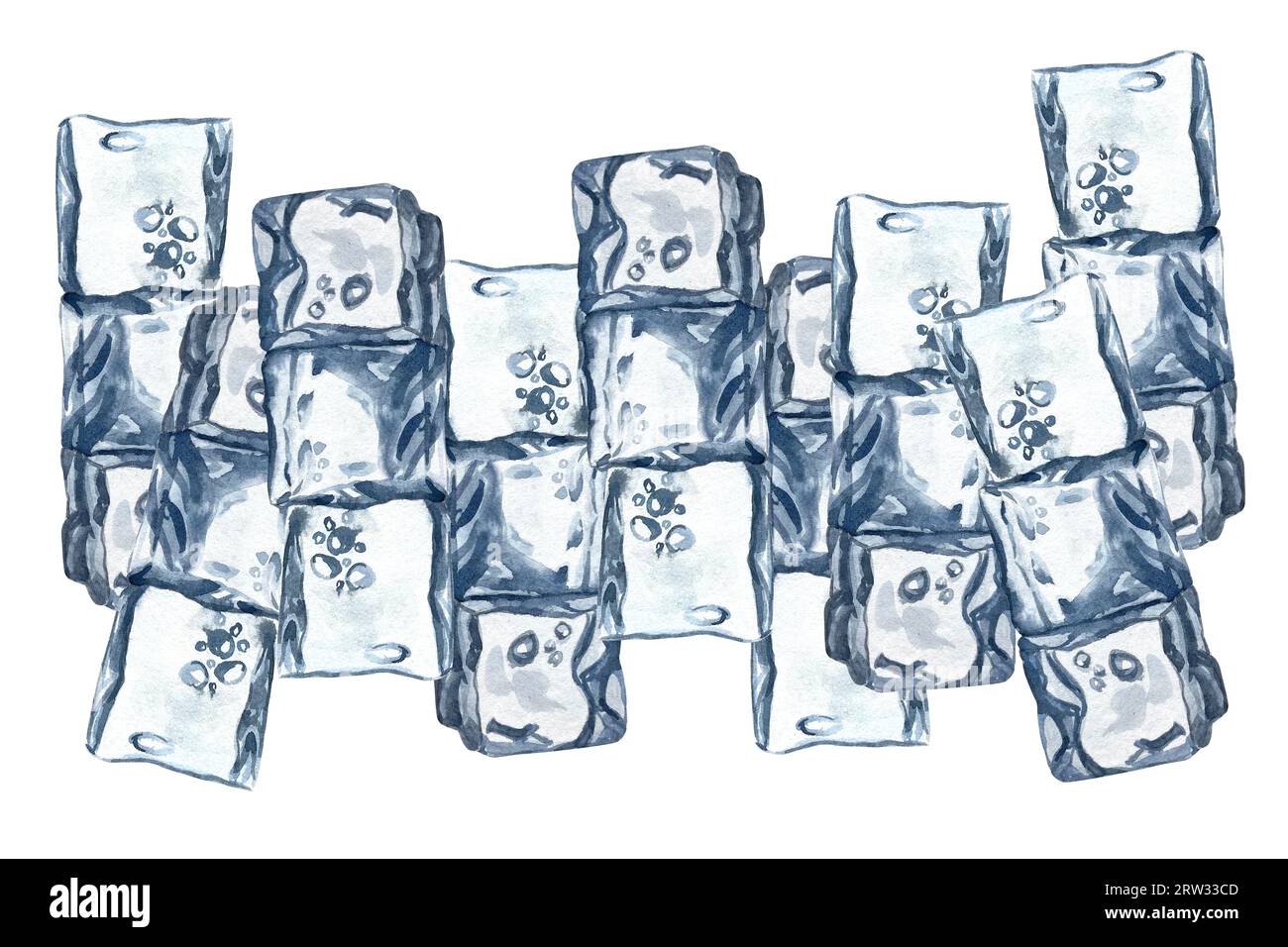 Sfondo cubetti di ghiaccio ad acquerello, struttura di blocchi di ghiaccio in cristallo, bordo isolato di cubetti d'acqua congelati trasparenti blu. Sfondo invernale. Foto Stock