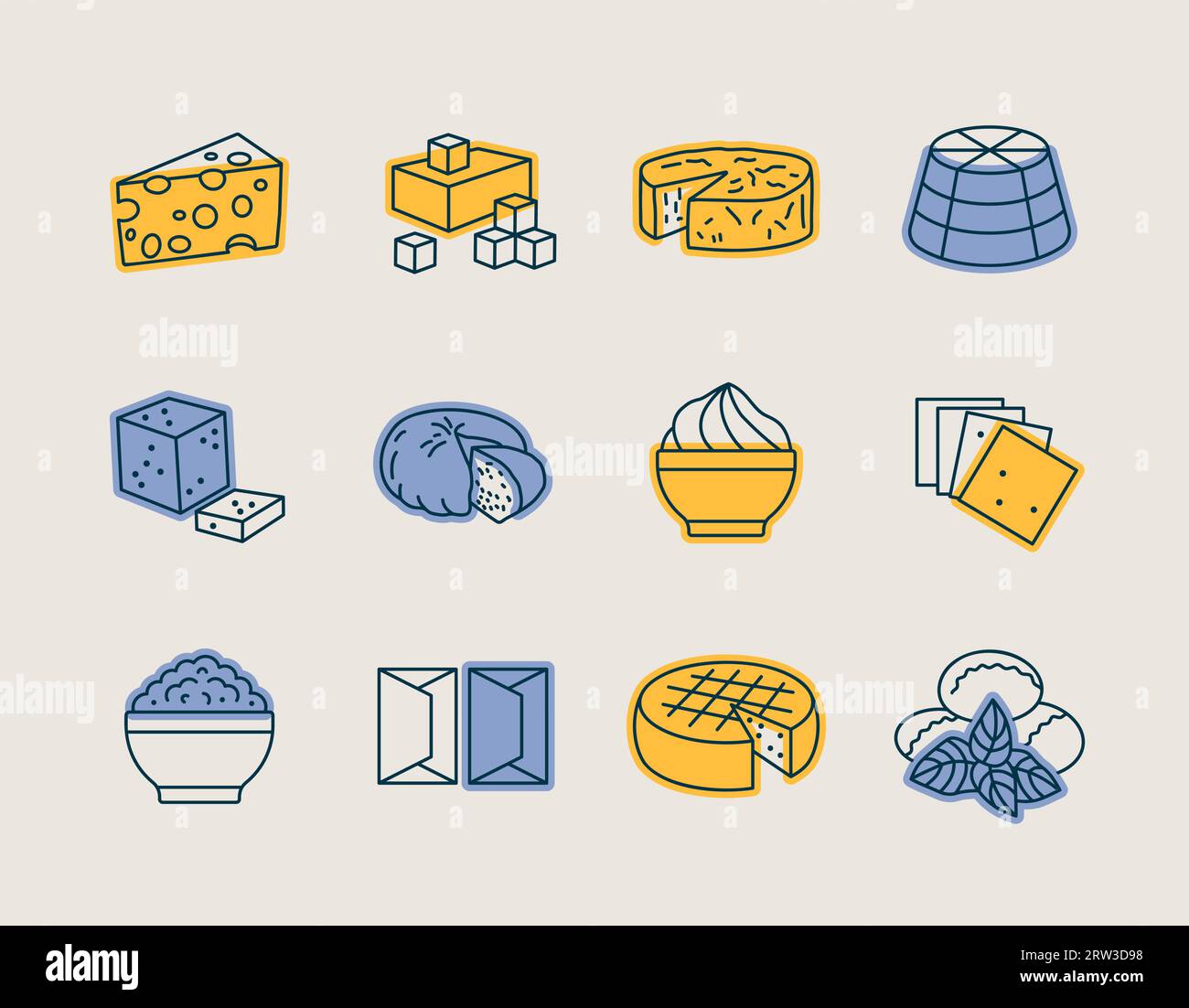 Set di icone del formaggio vettoriale. Cartello prodotti lattiero-caseari. Simbolo grafico per la progettazione di siti Web e app per cucinare, logo, app, interfaccia utente Illustrazione Vettoriale