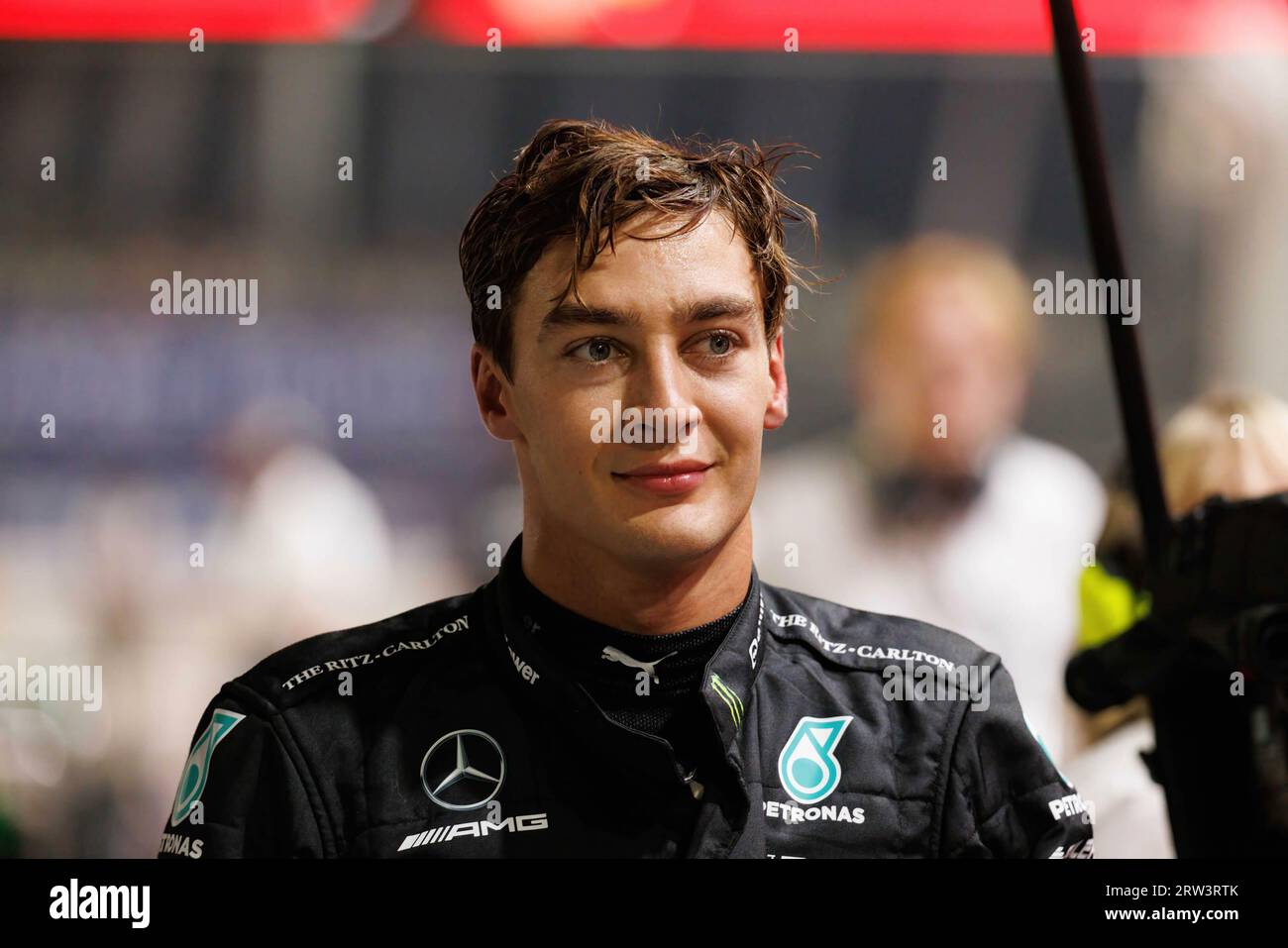 Singapore, Singapore. 16 settembre 2023. George Russell della Gran Bretagna e del team Mercedes AMG PETRONAS dopo essersi qualificato davanti al Gran Premio di F1 di Singapore sul circuito di Marina Bay Street. Credito: SOPA Images Limited/Alamy Live News Foto Stock