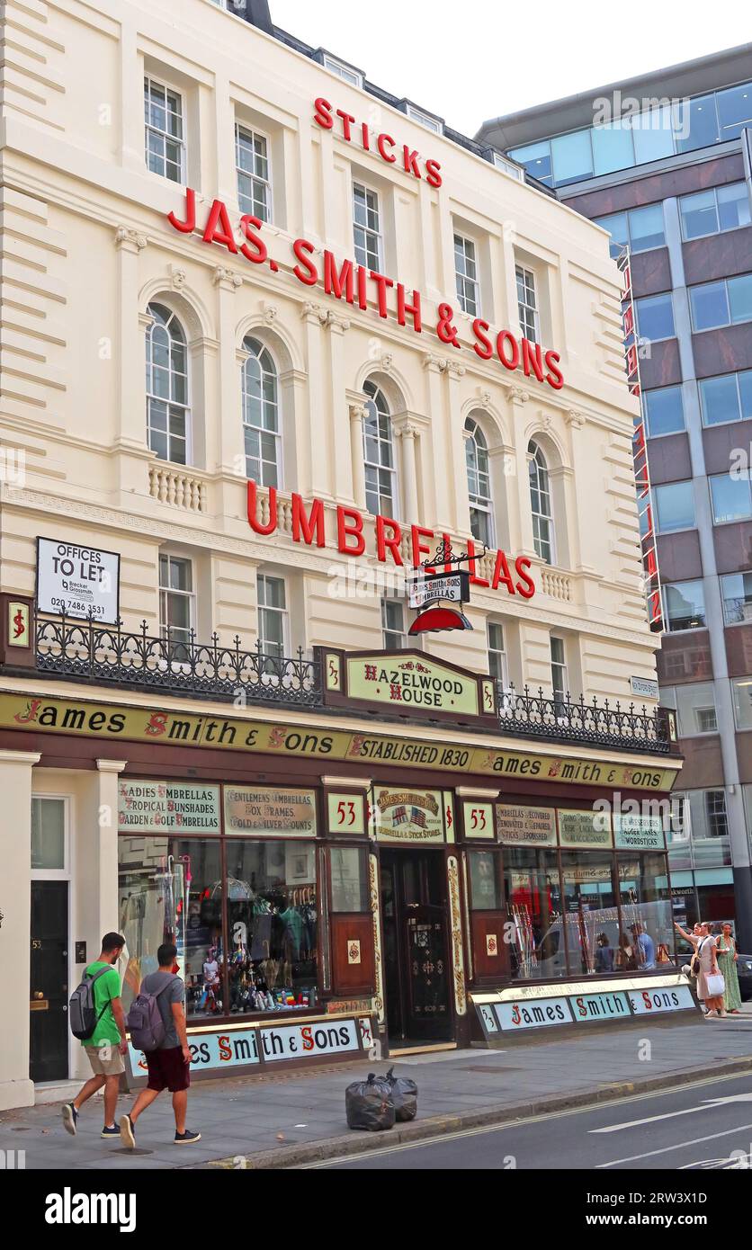 James Smith & Sons umbrellas, fondata nel 1830, Hazelwood House, 53 New Oxford St, London, WC1A 1BL Foto Stock