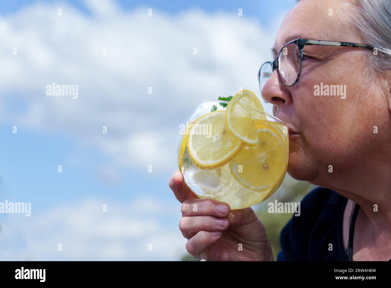 Donna vista di profilo che beve un bicchiere di gin tonic con fette di limone e foglie di menta con un cielo blu con nuvole sullo sfondo Foto Stock