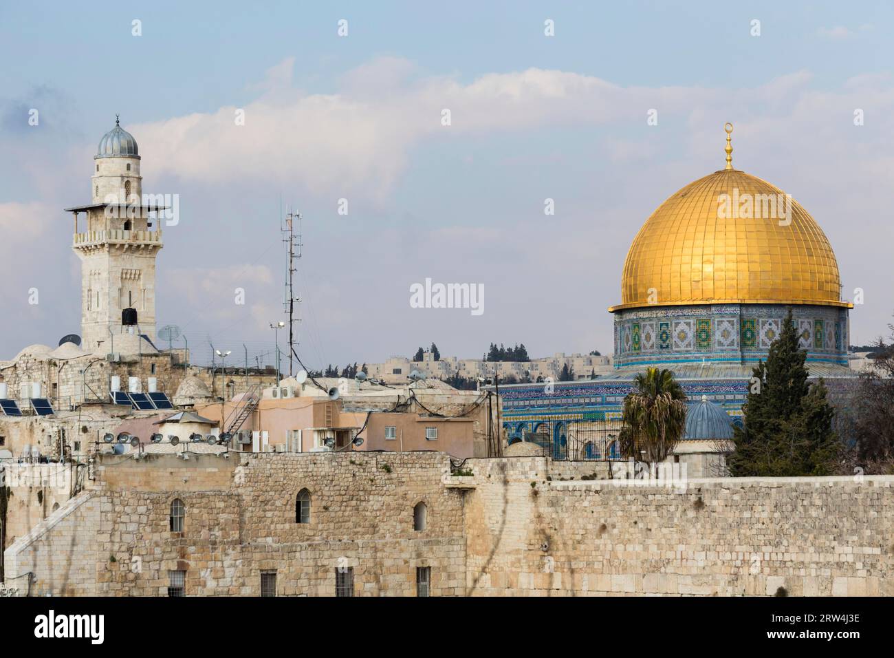 Cupola della roccia, muro del pianto e città vecchia, Gerusalemme, Israele, Duomo della roccia, muro Occidentale e città vecchia, Gerusalemme, Israele Foto Stock