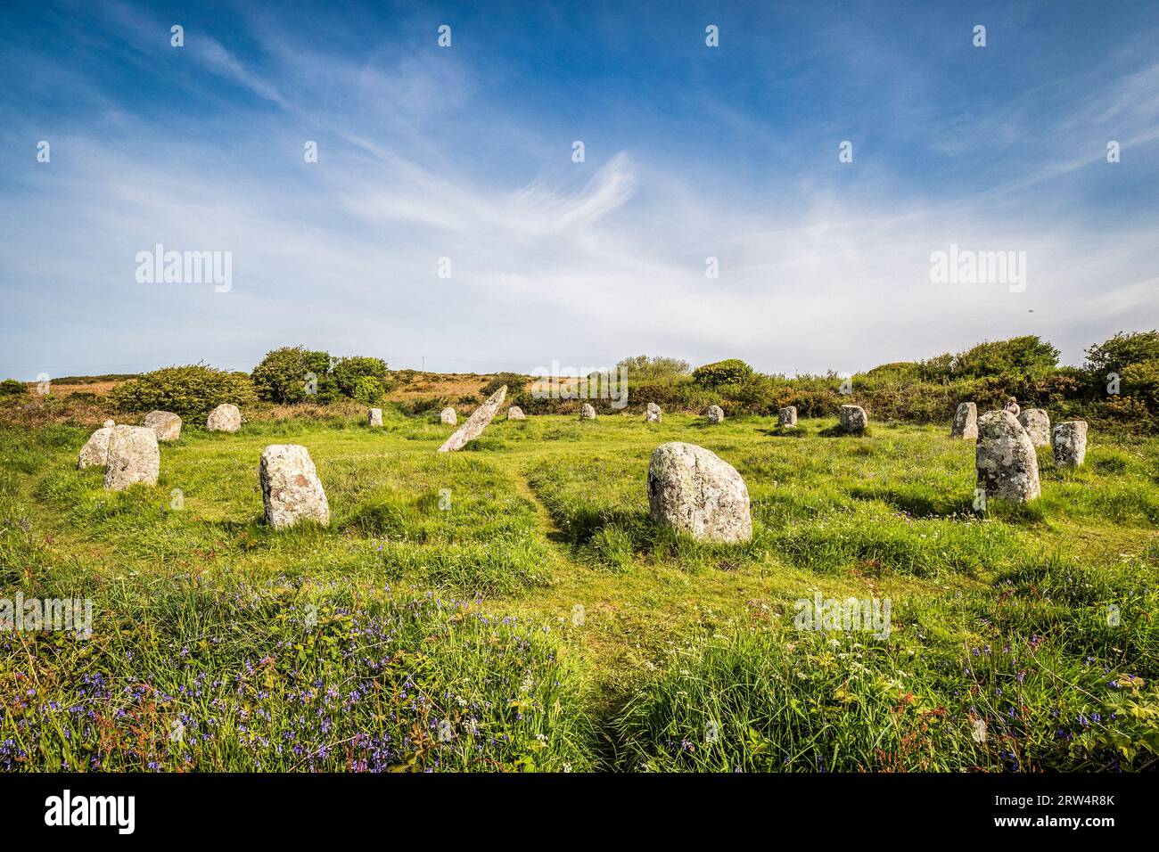 Il circolo di pietre di Boscawen-un, vicino a St Buryan, Cornovaglia, Regno Unito. Foto Stock