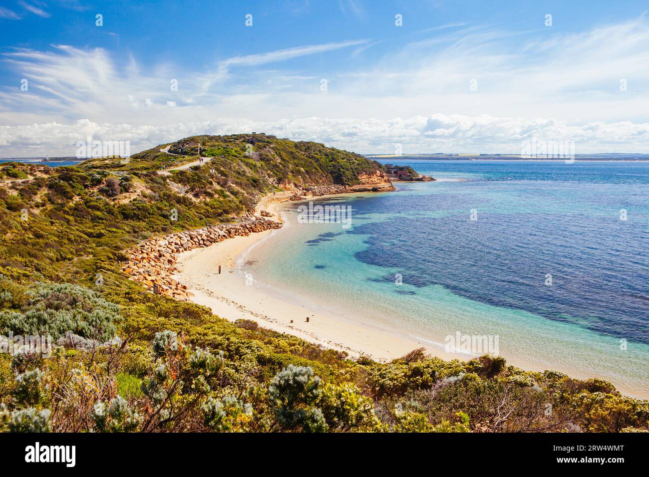 Point Nepean e di Port Phillip Bay in una calda giornata estiva in Victoria, Australia Foto Stock