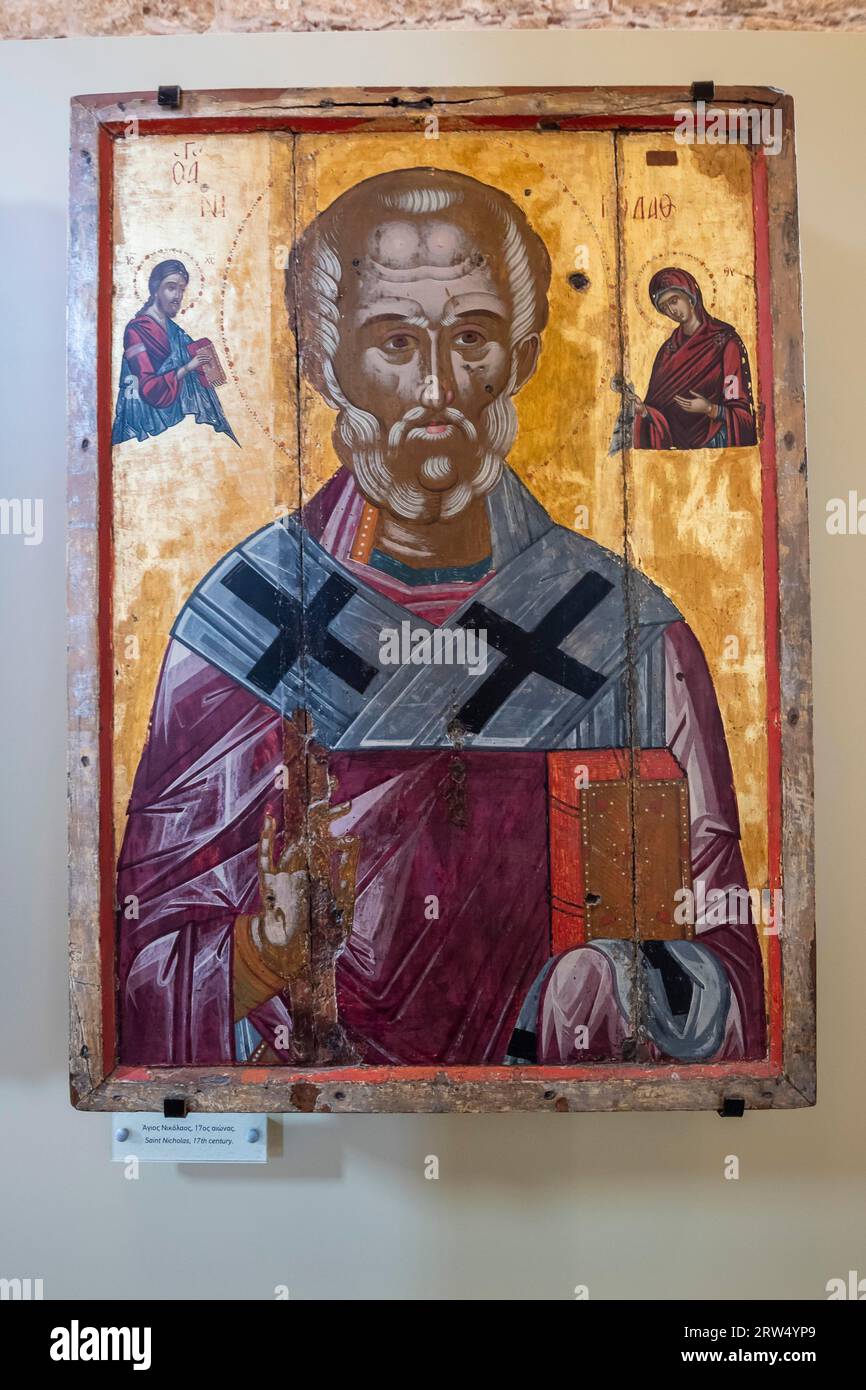 Icone del XV e XVI secolo in mostra nella Chiesa di nostra Signora del Castello, nella Chiesa di nostra Signora del Castello dell'XI secolo, nella città Vecchia Foto Stock