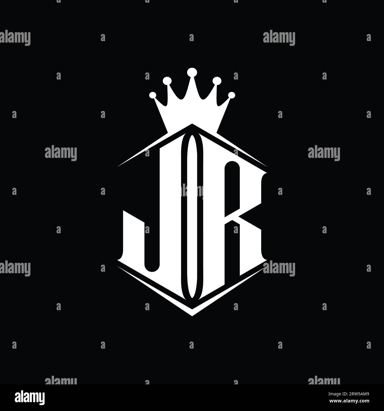 JR Letter Logo monogramma corona esagonale a forma di scudo con modello dal design affilato Foto Stock