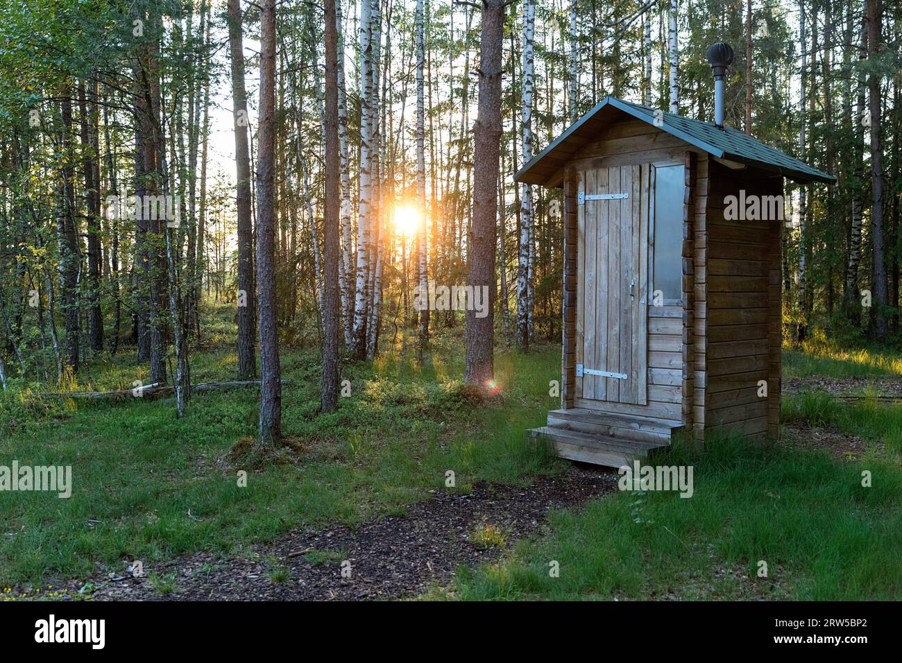 Bellissimo piccolo bagno pubblico in legno vicino allo splendido sentiero nella foresta lungo il sentiero escursionistico di Mannikjarve nella lussureggiante foresta di pini nella riserva naturale di Endla in Estonia Foto Stock