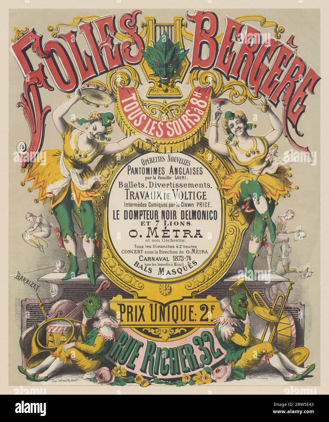 Folies-Bergère. Opérettes nouvelles, pantomimes anglaises par la famille Lauri di J. Barbizet (date sconosciute). Poster pubblicato nel 1874 in Francia. Foto Stock