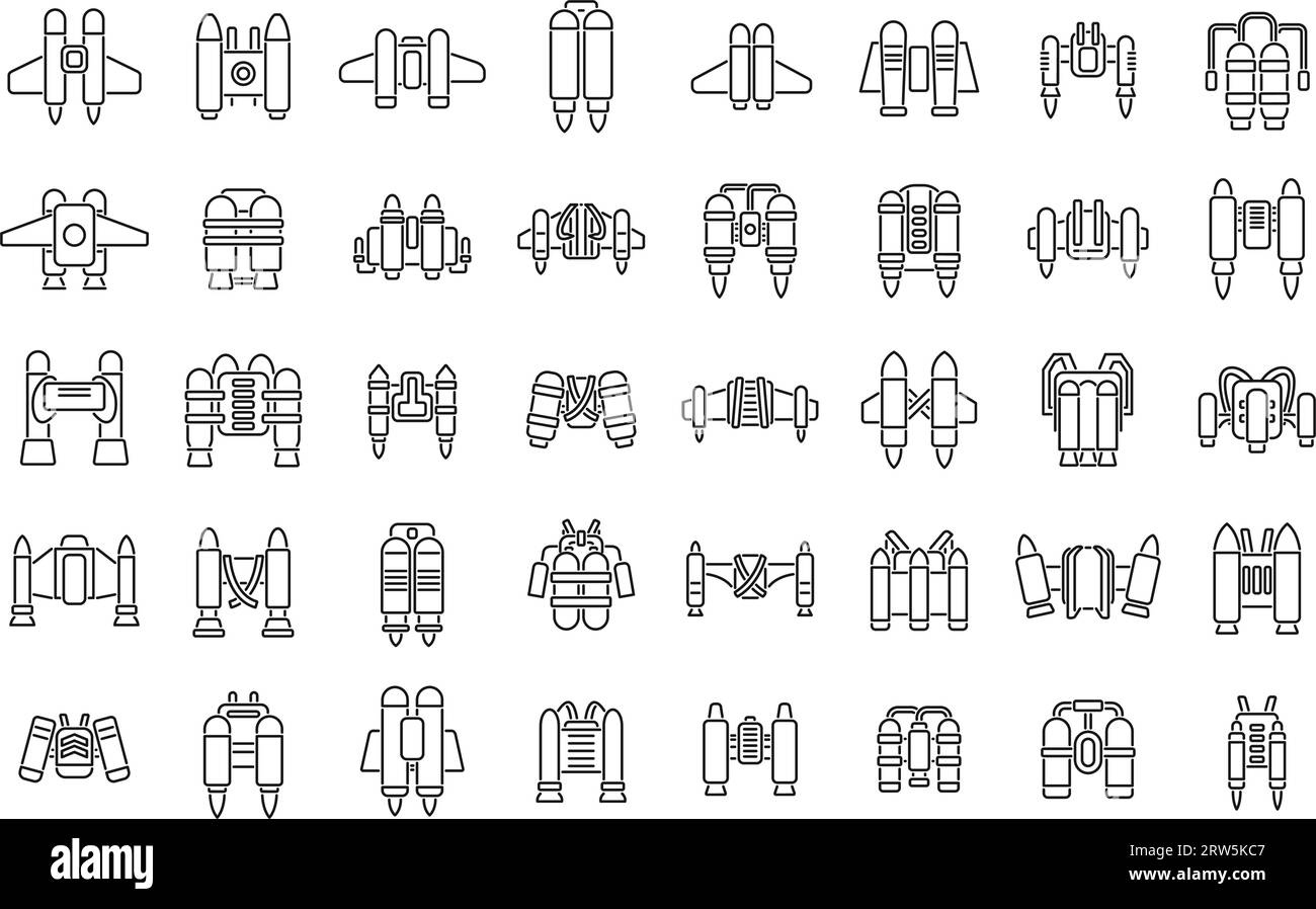 Le icone jetpack impostano il vettore di contorno. Kid Fly. Super aereo Illustrazione Vettoriale
