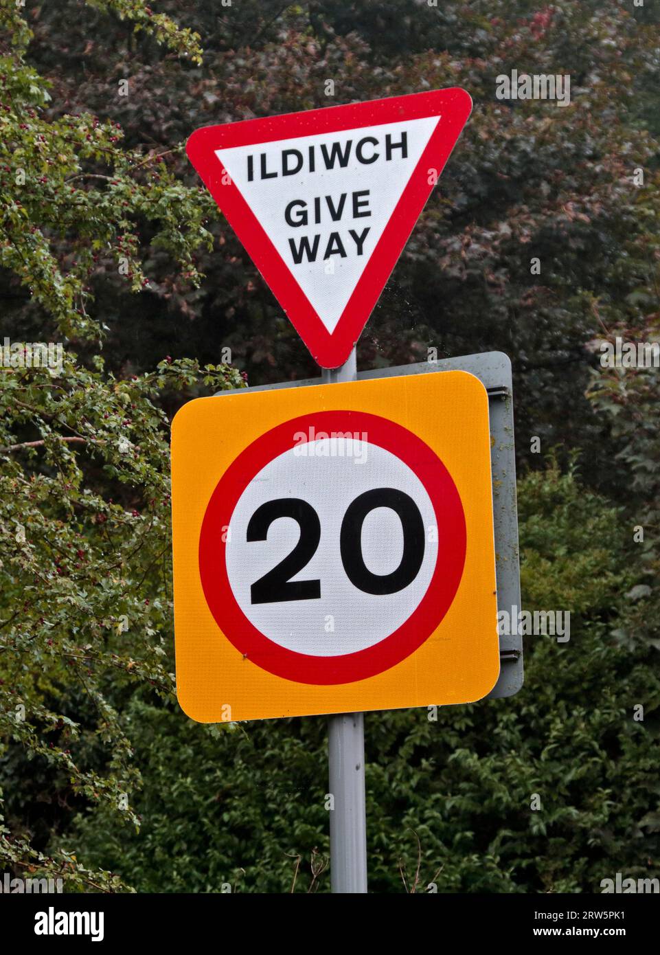 Galles nuovo limite di velocità urbana di 20 mph e cartello Give Way, Southsea, vicino a Wrexham, Galles Foto Stock