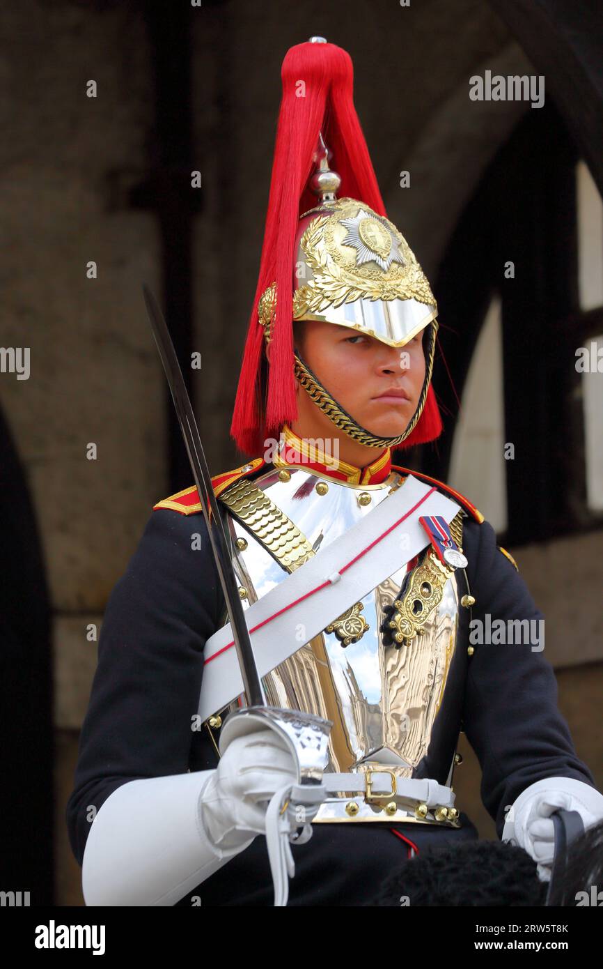 Guardia del cavallo in uniforme tradizionale a Whitehall, Londra, Regno Unito Foto Stock