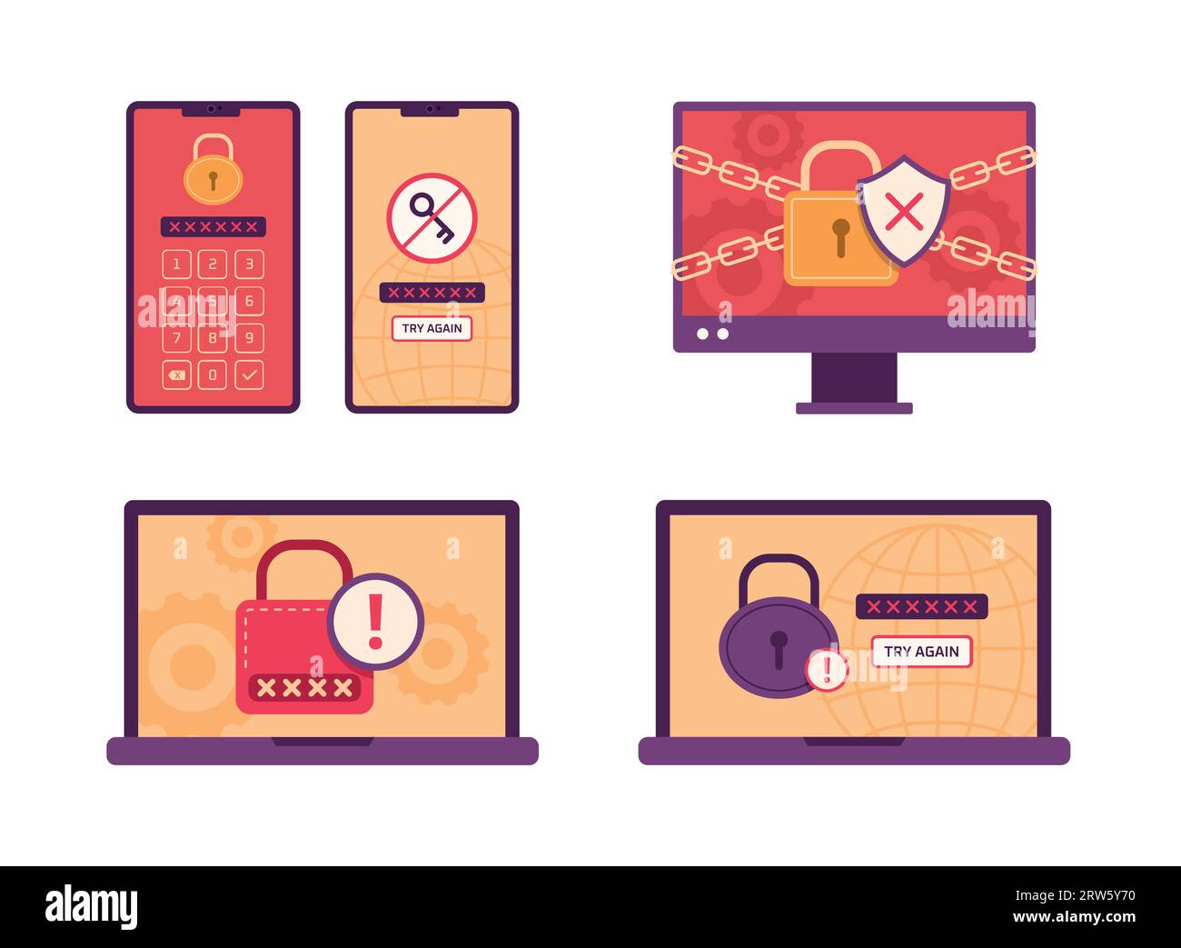 Set di computer e telefoni cellulari con avviso di blocco errore dello schermo per l'illustrazione del concetto di criminalità informatica Illustrazione Vettoriale
