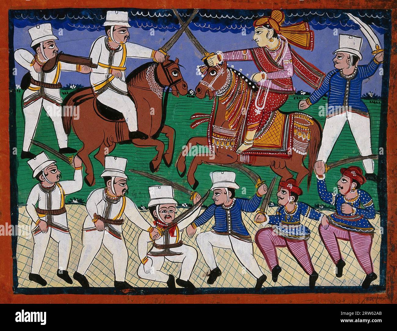 La battaglia di Gwalior, il grande ammutinamento indiano del 1857, il Rani di Jhansi (1828-1858) guidò le sue truppe, ca. pittura a guazzo degli anni '1860 Foto Stock