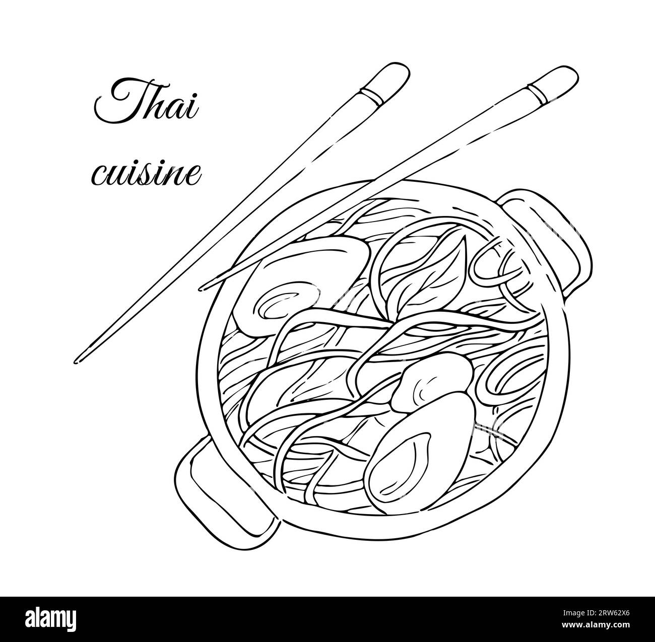 Noodles con verdure e uova, cucina thailandese. illustrazione della vista dall'alto disegnata a mano Foto Stock