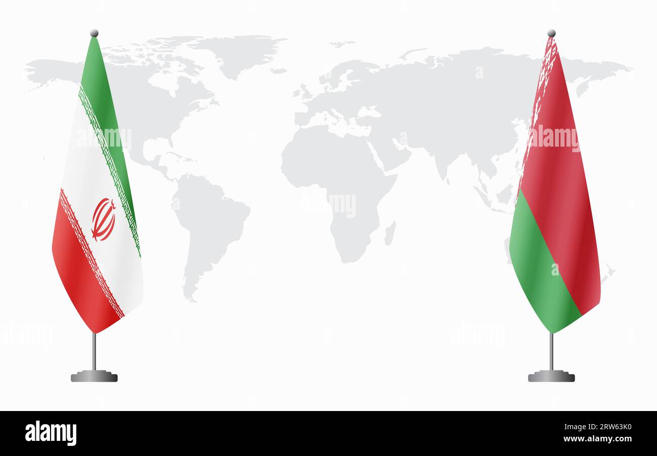 Bandiere iraniane e bielorusse per incontri ufficiali sullo sfondo della mappa mondiale. Illustrazione Vettoriale