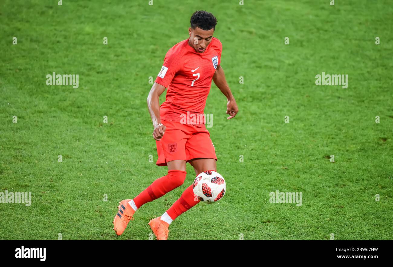 Mosca, Russia – 3 luglio 2018. Il centrocampista della nazionale inglese Jesse Lingard in azione durante la Coppa del mondo 2018 turno di 16 partita Colombia vs e Foto Stock