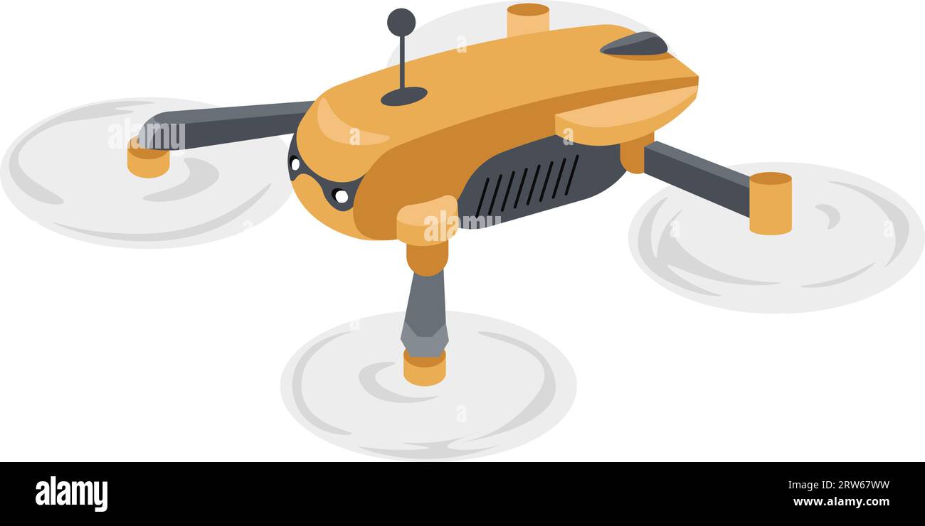 Gadget e tecnologie moderne, drone isolato o veicolo aereo senza equipaggio con controller. Controllo di piccoli aeromobili, sistemi di sorveglianza o riprese Illustrazione Vettoriale