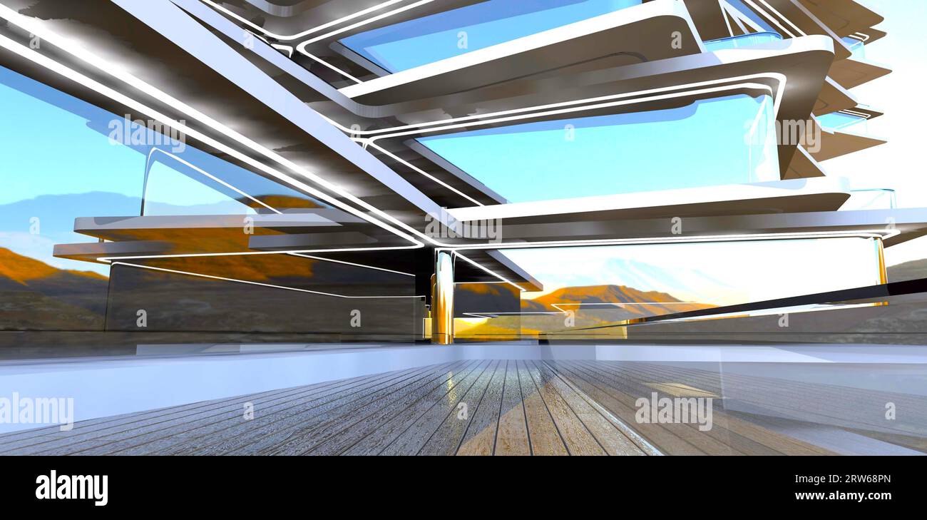 Composizione architettonica. Terrazza dell'hotel moderno. Molto vetro. Bella foto per il giornale immobiliare. rendering 3d. Foto Stock