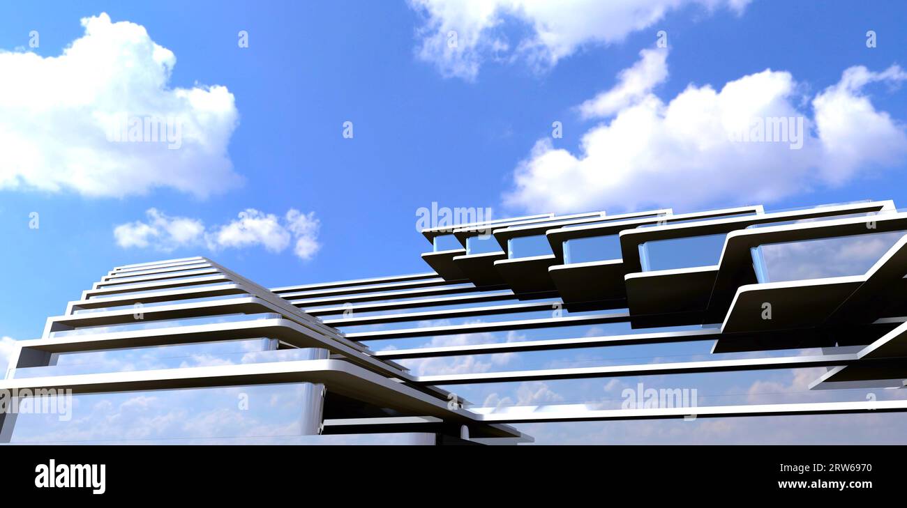 Il design esterno dell'hotel è stato recentemente realizzato da un giovane ingegnere di talento di Kiev. Vista bassa sul cielo nuvoloso. rendering 3d. Foto Stock