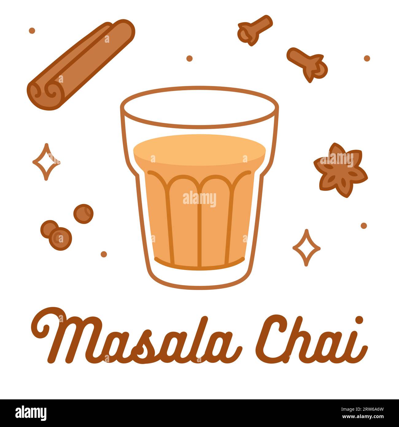 Disegno del tè Masala chai. Vetro cartoon di tè indiano disegnato a mano con spezie aromatiche: Cannella, chiodi di garofano, anice e pepe. Illustrazione vettoriale. Illustrazione Vettoriale