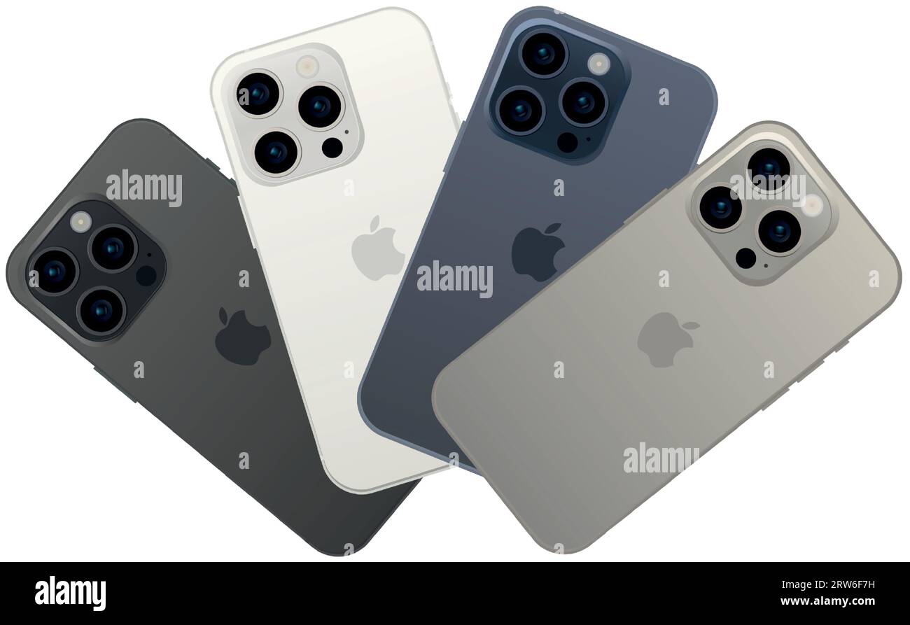 Nuovo Apple iPhone 15 PRO, moderno gadget per smartphone, set di 4 pezzi in  nuovi colori originali - illustrazione vettoriale Immagine e Vettoriale -  Alamy