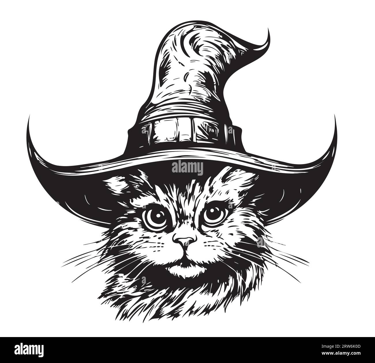Gatto in un cappello da strega disegnato a mano illustrazione di Halloween Illustrazione Vettoriale