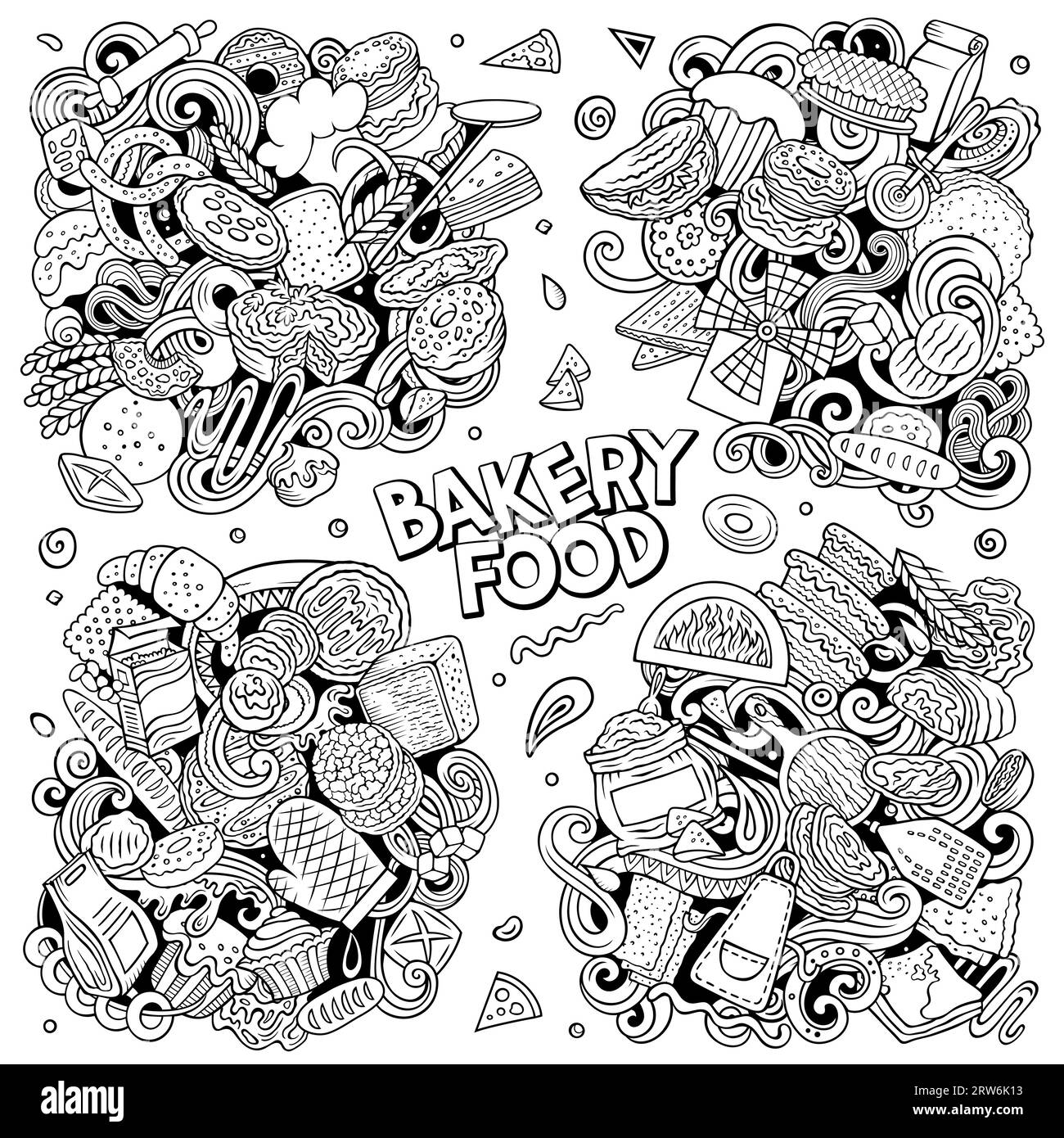 Set di disegni vettoriali di doodle per cartoni animati da forno. Composizioni ricche di dettagli con molti oggetti e simboli da forno. Illustrazione Vettoriale