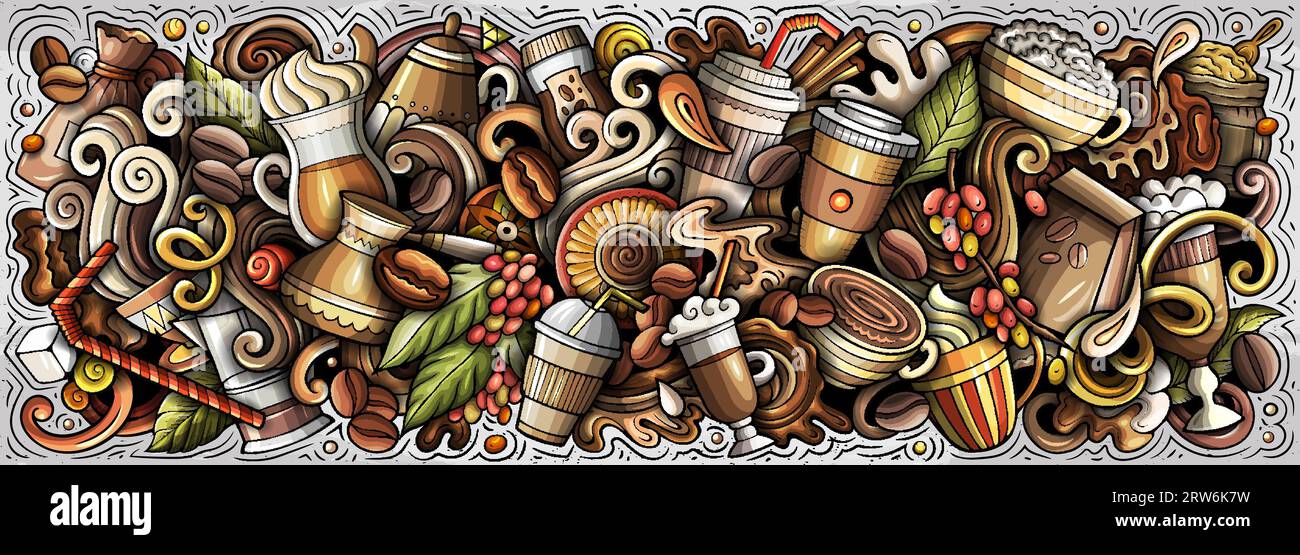 L'illustrazione dei cartoni animati per il caffè vettoriale presenta una varietà di oggetti e simboli Coffeehouse. Colori brillanti immagini stravaganti e divertenti. Illustrazione Vettoriale