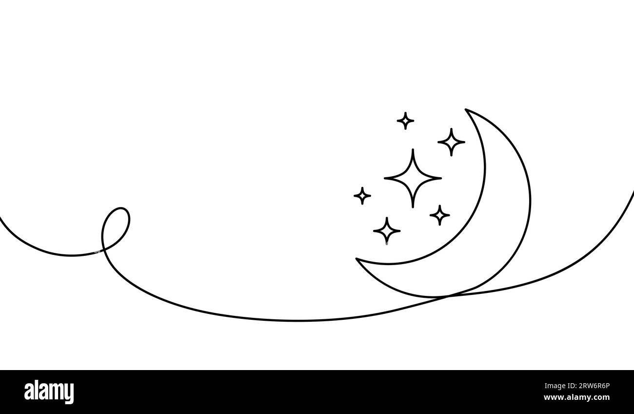 Icona Moon Continuous One Line ART. Luna nera disegnata a mano isolata su sfondo bianco. Mani che disegnano un elemento grafico a mezzaluna. Disegnare il simbolo per il progetto Illustrazione Vettoriale