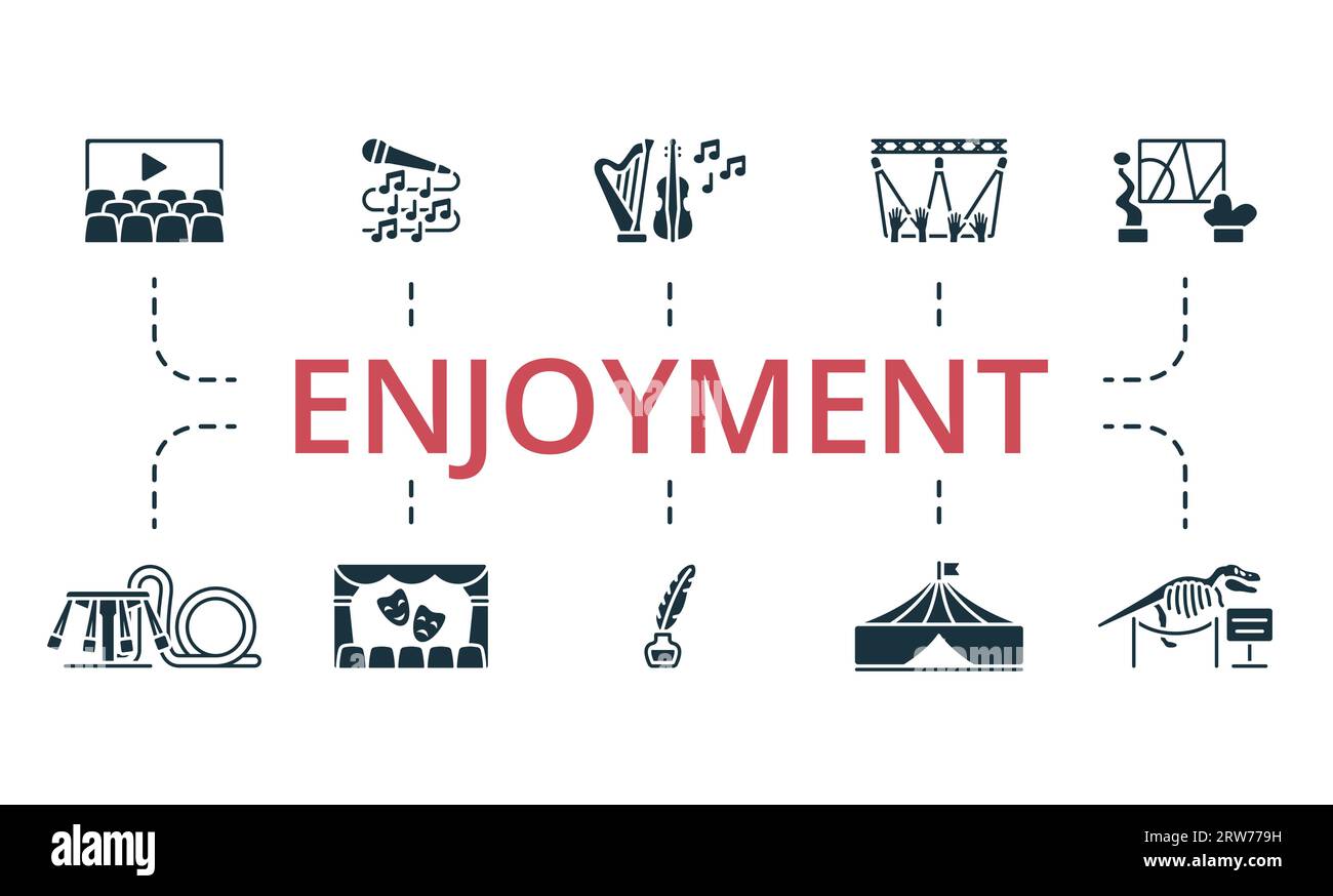 Divertimento. Icone creative: Sala cinema, karaoke, filarmonica, concerto, mostra, parco divertimenti, teatro, pozzo d'inchiostro, circo, museo. Illustrazione Vettoriale