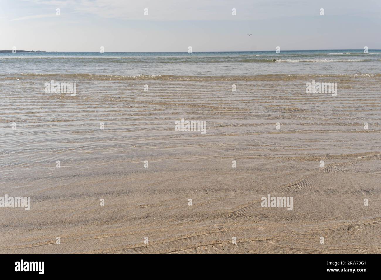 Spiaggia di sabbia incontaminata con onde dolci che scivolano a riva sulla costa della Cornovaglia Foto Stock