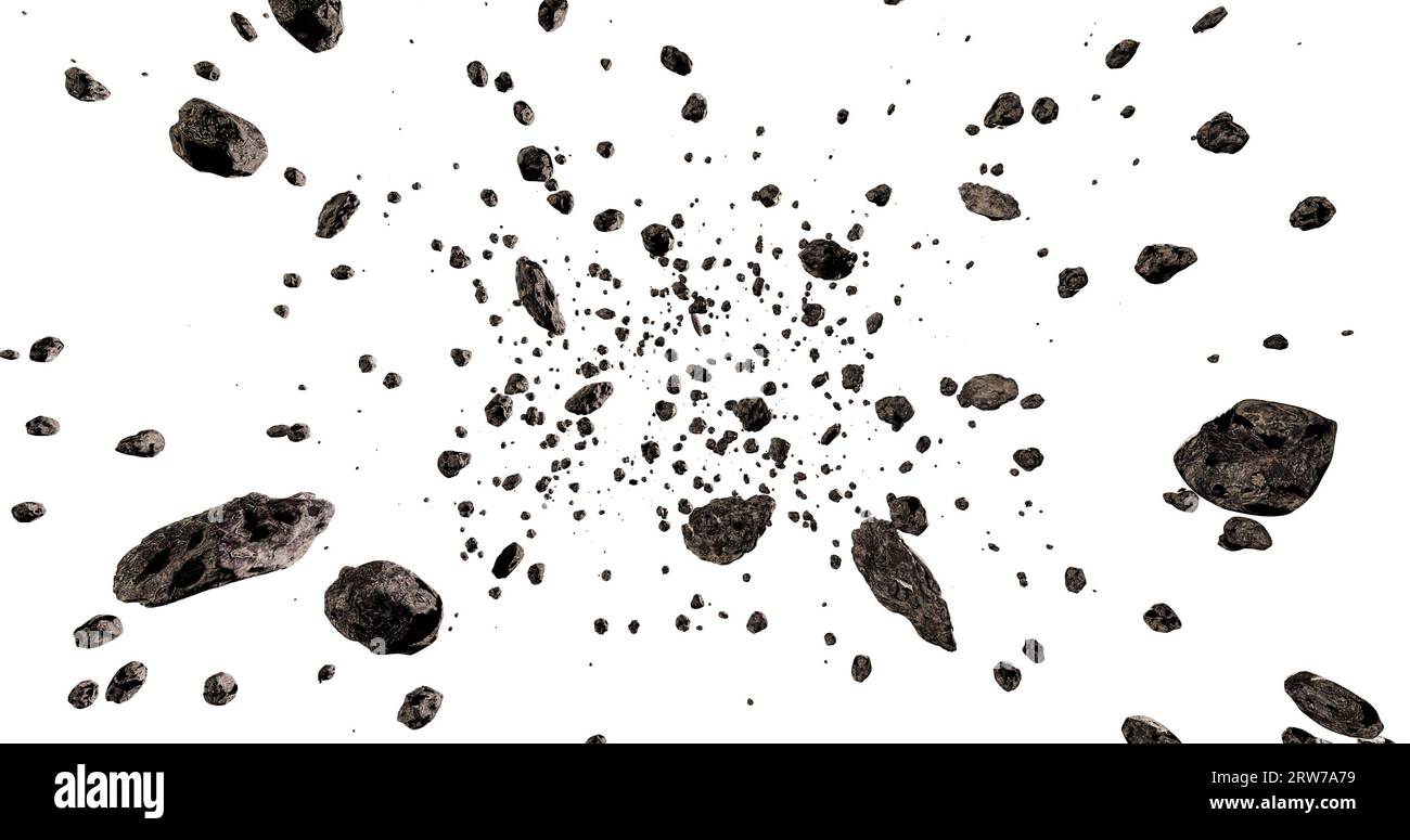 Campo di asteroidi o nastro o molte rocce o pietre isolate su sfondo bianco illustrazione di rendering 3D. Foto Stock