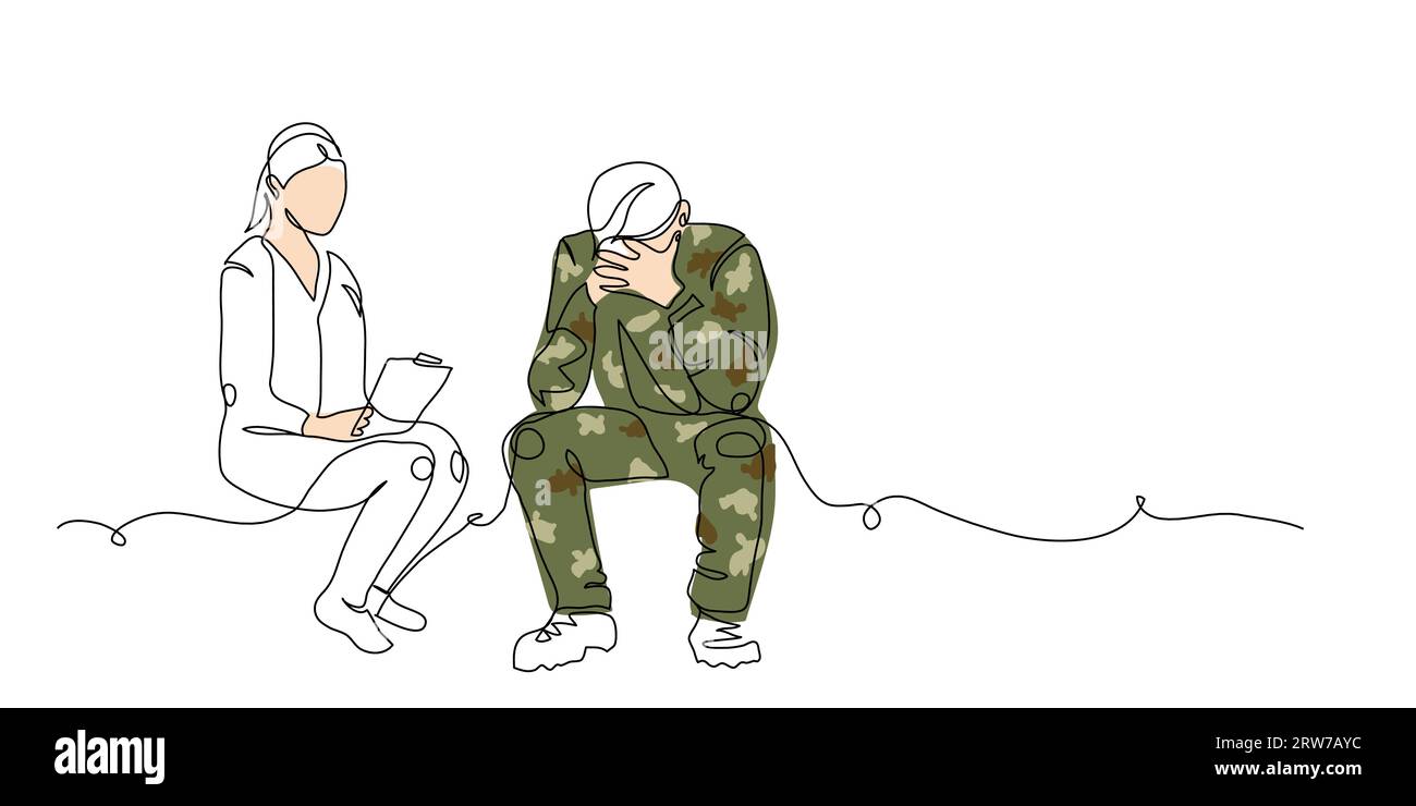 Veterano, soldato e psicoterapeuta durante la sessione di terapia con ptsd. Un disegno artistico continuo della riabilitazione mentale del soldato Illustrazione Vettoriale
